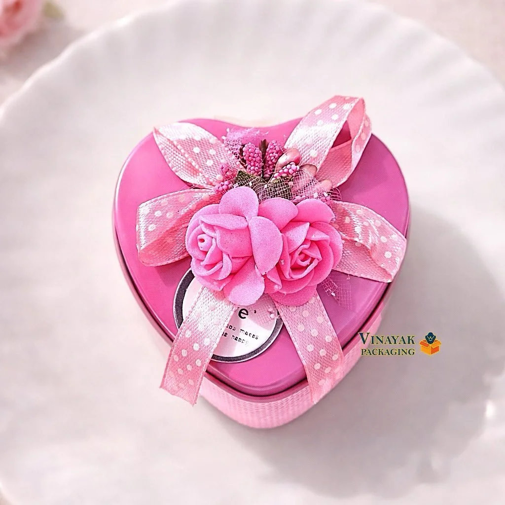 Elegant Pink Heart Shaped Gift Box with Floral Ribbon – Decorative Valentine & Return Gift Packaging Box (12 pcs)