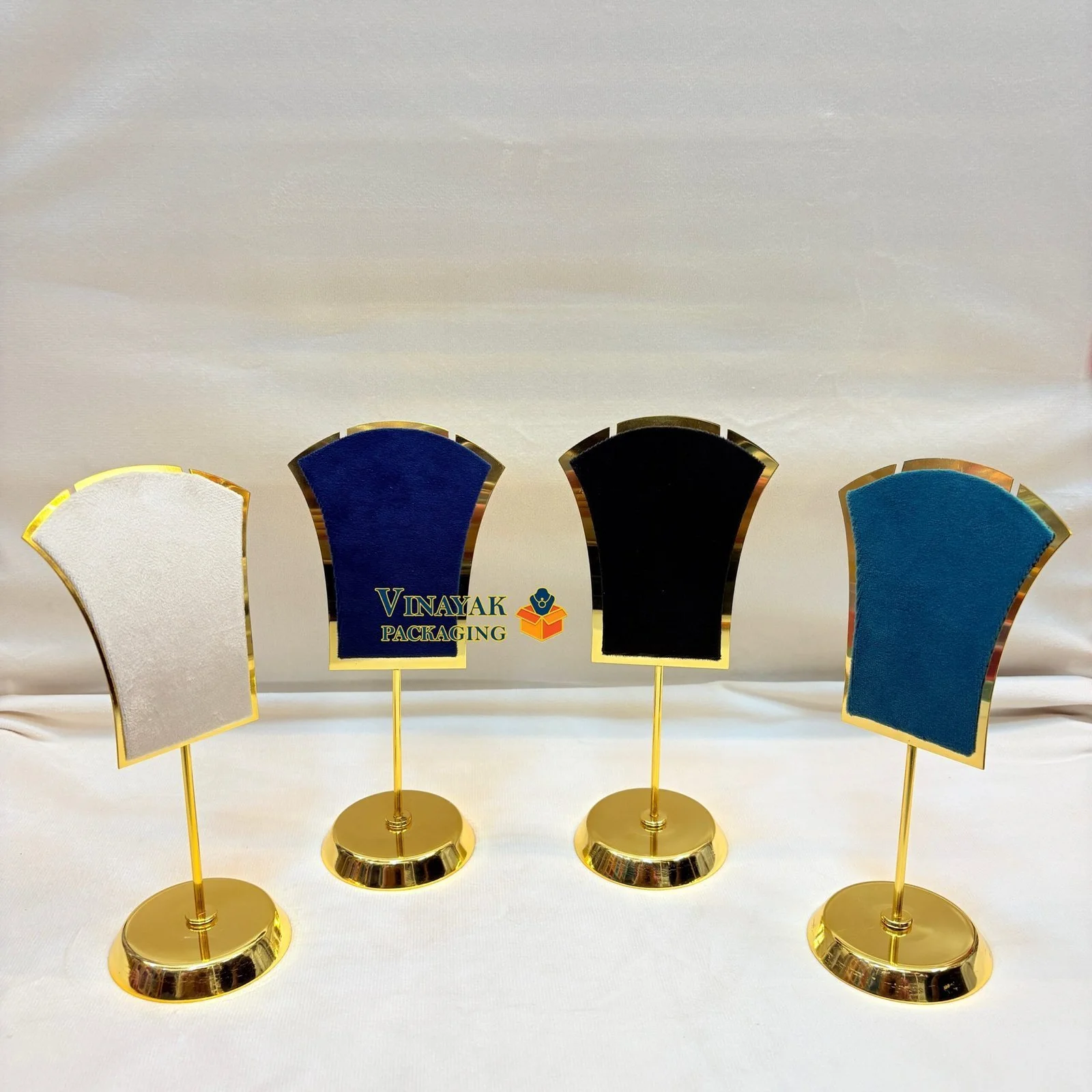 Luxury Velvet Necklace Display Stands with Gold Metal Base