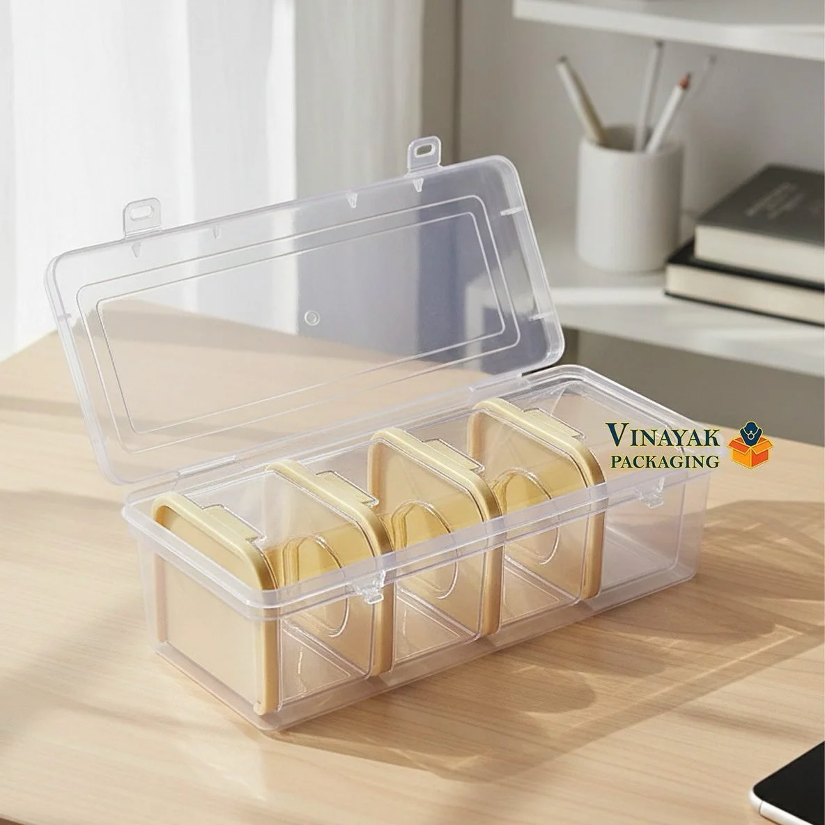 Clear Plastic Multi-Compartment jewellery Storage Box with Gold Inserts - 4 pcs (8*8*5 cm)