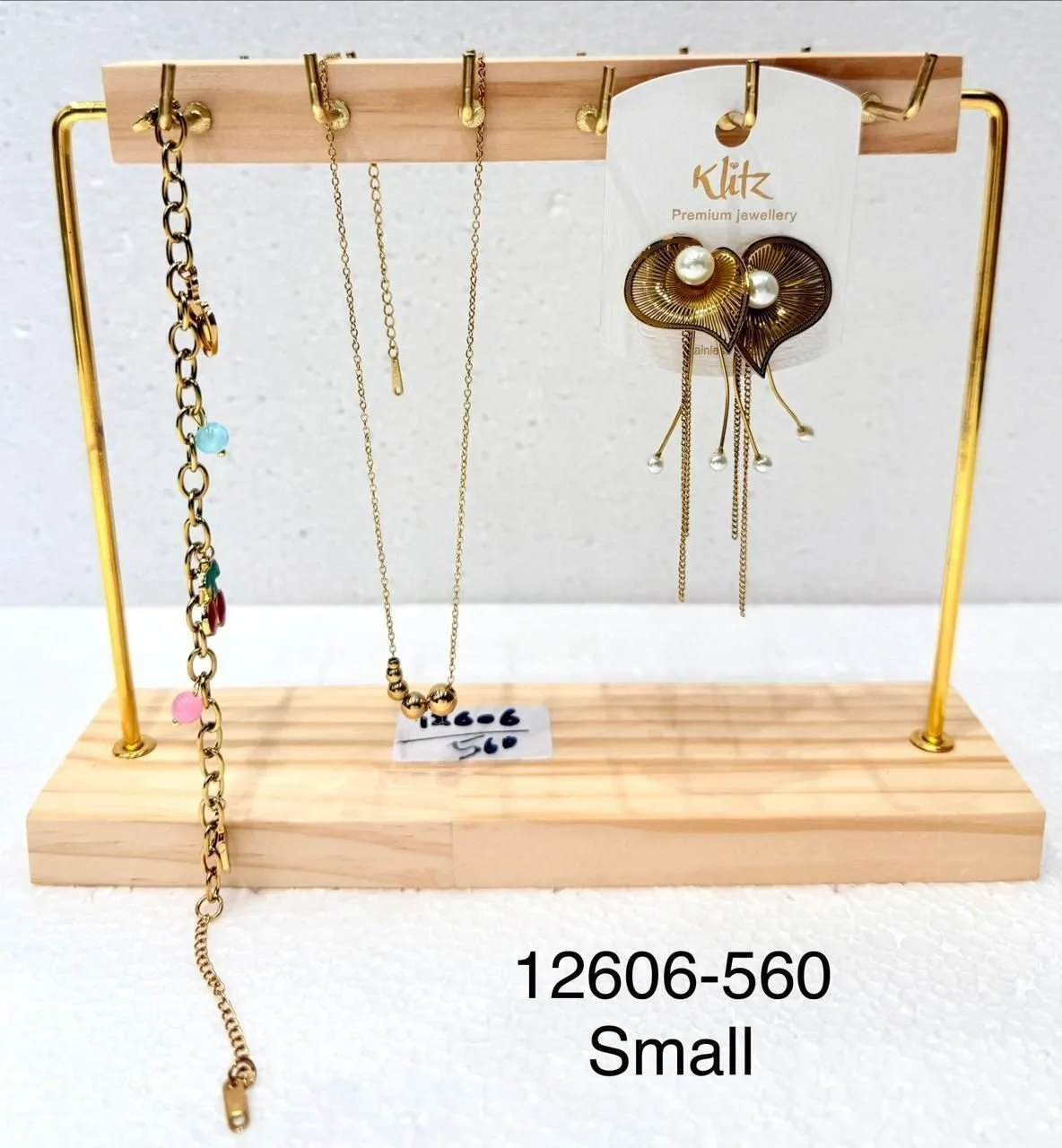 Elegant Wooden & Gold T-Bar Jewellery Display Stand – Small Necklace & Earring Holder