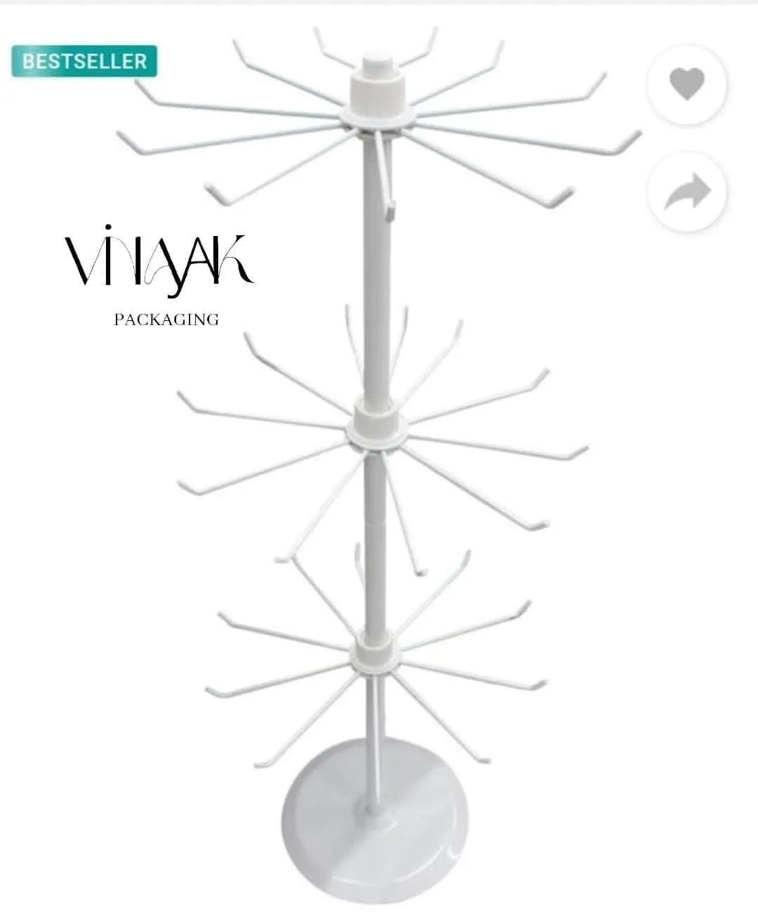 Rotating Jewellery Display Stand with Multi-Tier Metal Hooks – White Countertop Organizer