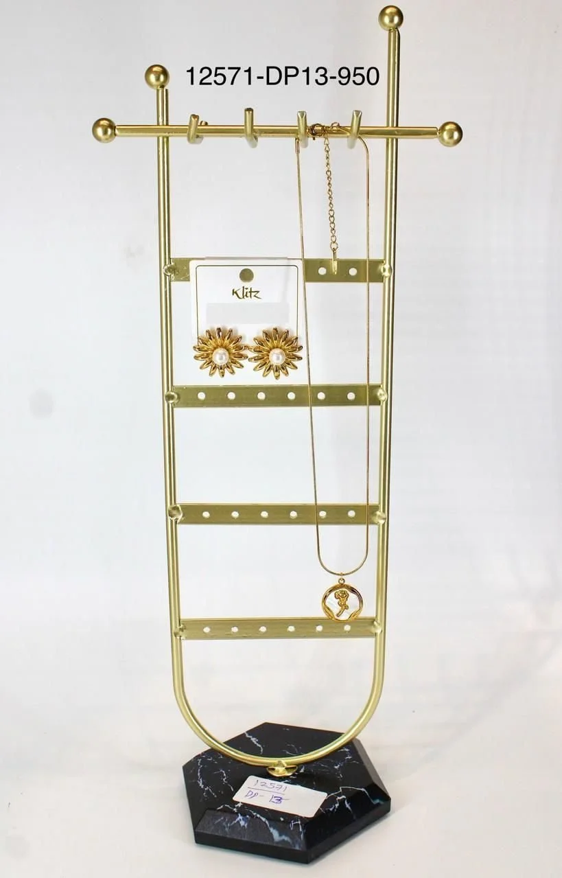 Gold Metal Jewelry Display Stand with Necklace Hooks & Earring Holder on Marble Base