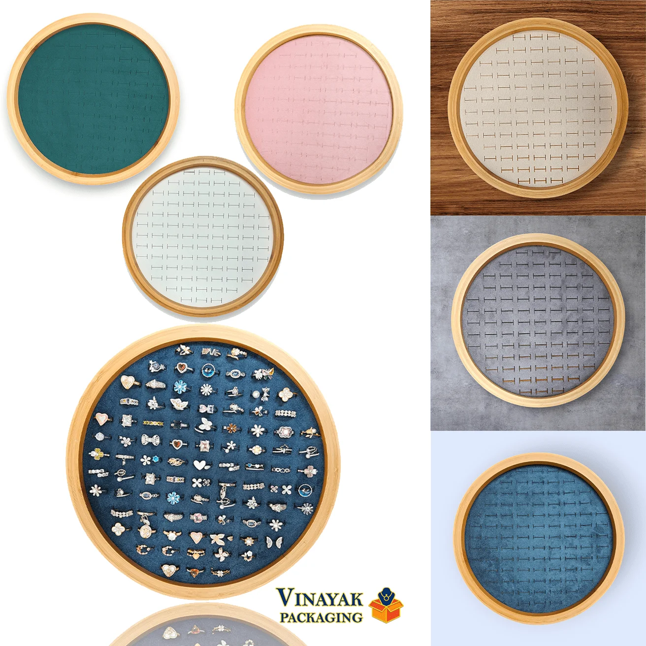Round Wooden Ring Display Tray with Soft Fabric Slots