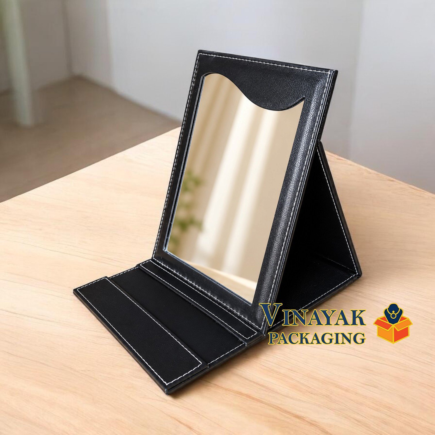 Premium Black Foldable Tabletop Mirror | Leatherette Folding Makeup Mirror with Adjustable Stand